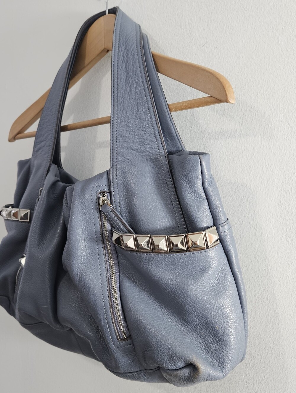 B.Makowsky Stud-Accent Pebbled Shoulder Bag in Slate Blue - Picture 3 of 11